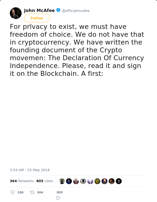 RT @officialmcafee: For privacy to exist, we must have freedom of choice. We do not have that in cryptocurrency. We have written the foundi…