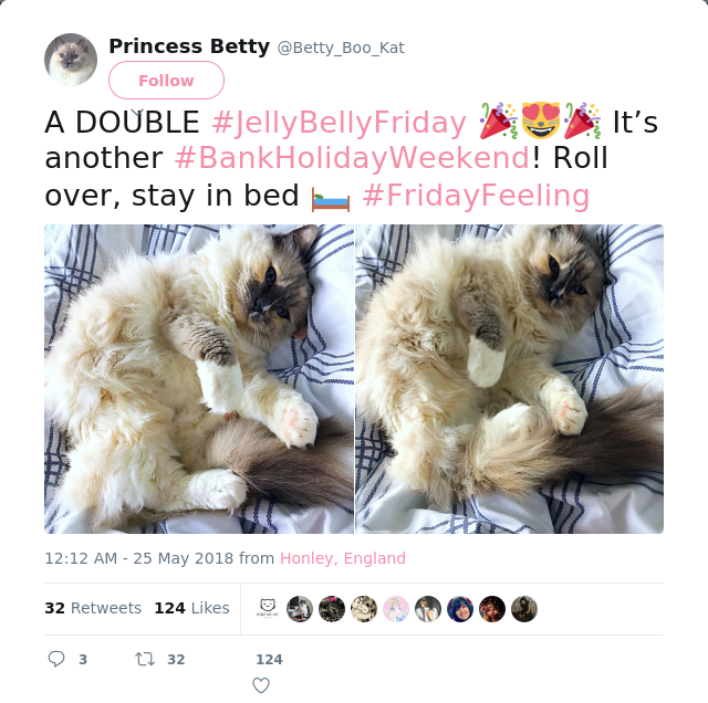 RT @Betty_Boo_Kat: A DOUBLE #JellyBellyFriday 🎉😻🎉 It’s another #BankHolidayWeekend! Roll over, stay in bed 🛏 #FridayFeeling
