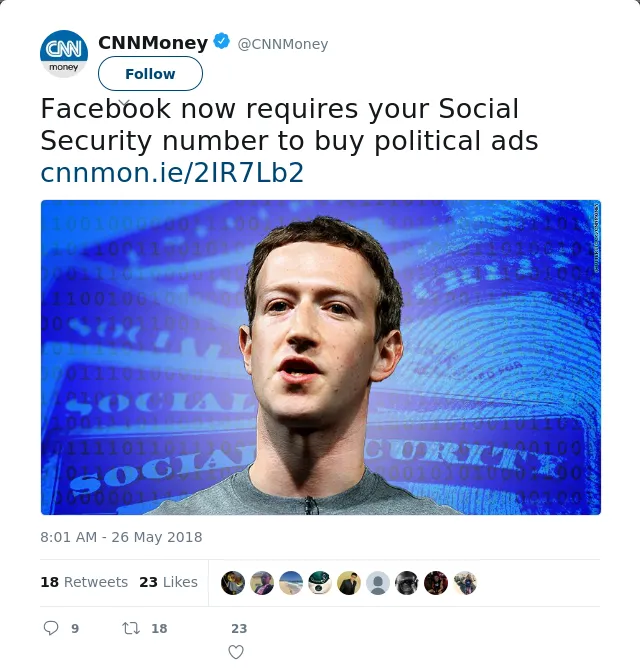 RT @CNNMoney: Facebook now requires your Social Security number to buy political ads