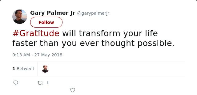RT @garypalmerjr: #Gratitude will transform your life faster than you ever thought possible.