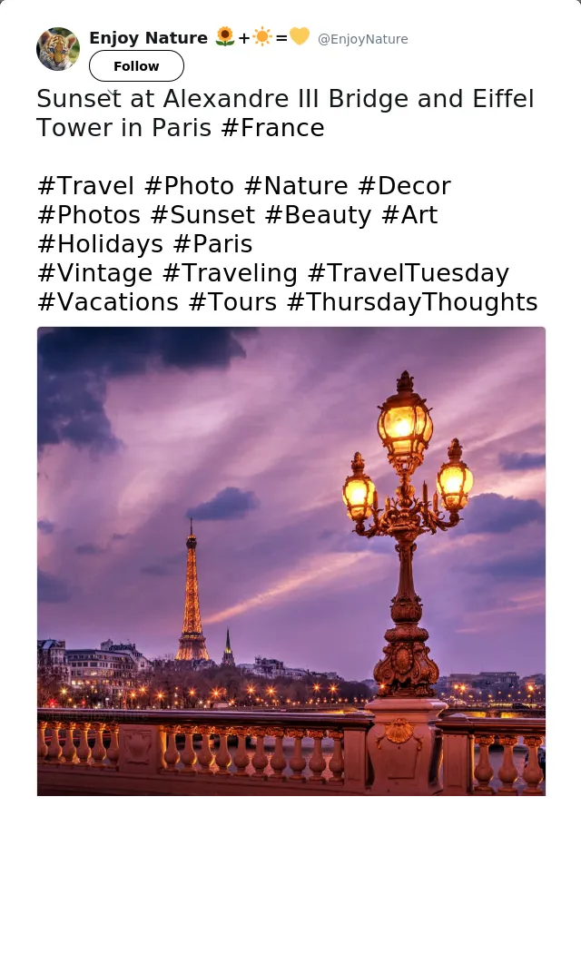 RT @EnjoyNature: Sunset at Alexandre III Bridge and Eiffel Tower in Paris #France

#Travel #Photo #Nature #Decor #Photos #Sunset #Beauty #A…