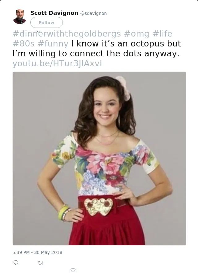 #dinnerwiththegoldbergs #omg #life #80s #funny I know it’s an octopus but I’m willing to connect the dots anyway.…