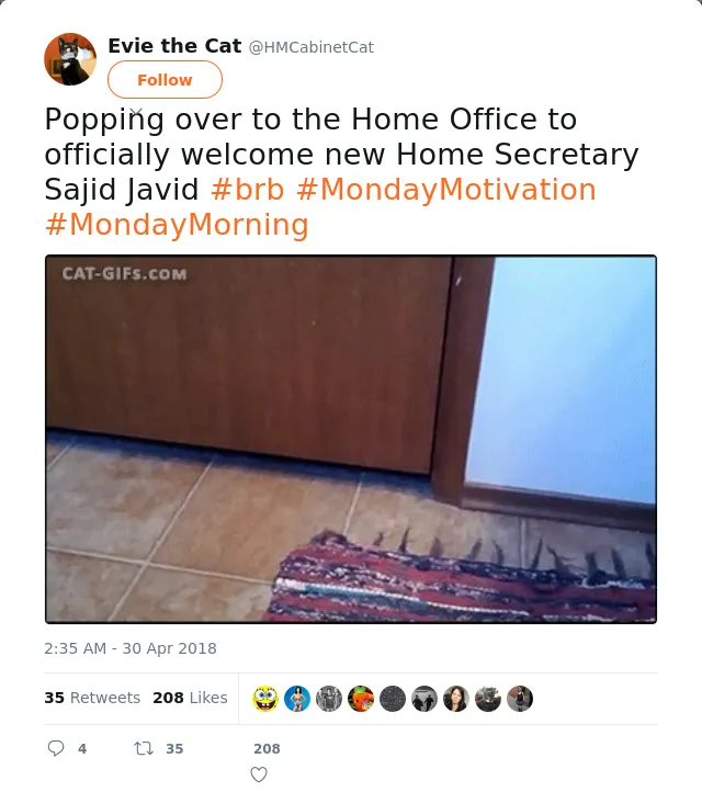 RT @HMCabinetCat: Popping over to the Home Office to officially welcome new Home Secretary Sajid Javid #brb #MondayMotivation #MondayMornin…