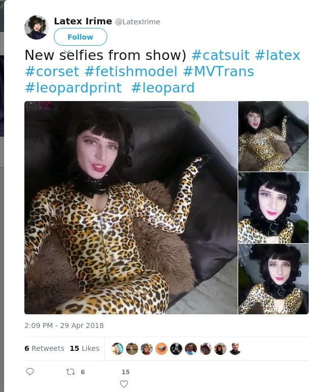 RT @LatexIrime: New selfies from show) #catsuit #latex #corset #fetishmodel #MVTrans #leopardprint  #leopard