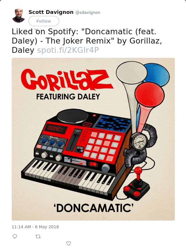 Liked on Spotify: "Doncamatic (feat. Daley) - The Joker Remix" by Gorillaz, Daley