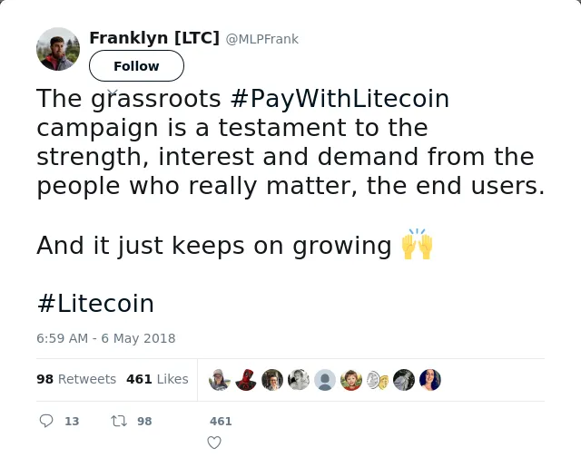 RT @MLPFrank: The grassroots #PayWithLitecoin campaign is a testament to the strength, interest and demand from the people who really matte…