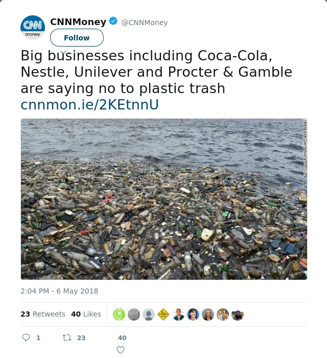 RT @CNNMoney: Big businesses including Coca-Cola, Nestle, Unilever and Procter &amp; Gamble are saying no to plastic trash