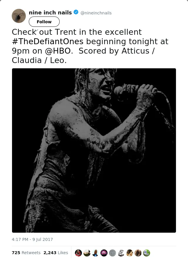RT @nineinchnails: Check out Trent in the excellent #TheDefiantOnes beginning tonight at 9pm on @HBO.  Scored by Atticus / Claudia / Leo. h…