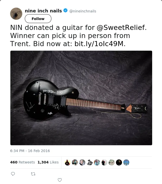 RT @nineinchnails: NIN donated a guitar for @SweetRelief. Winner can pick up in person from Trent. Bid now at: