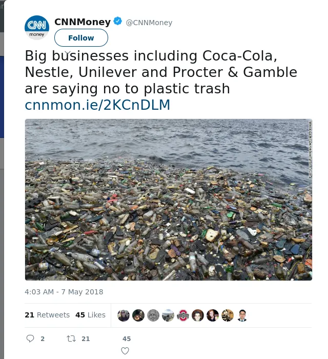 RT @CNNMoney: Big businesses including Coca-Cola, Nestle, Unilever and Procter &amp; Gamble are saying no to plastic trash
