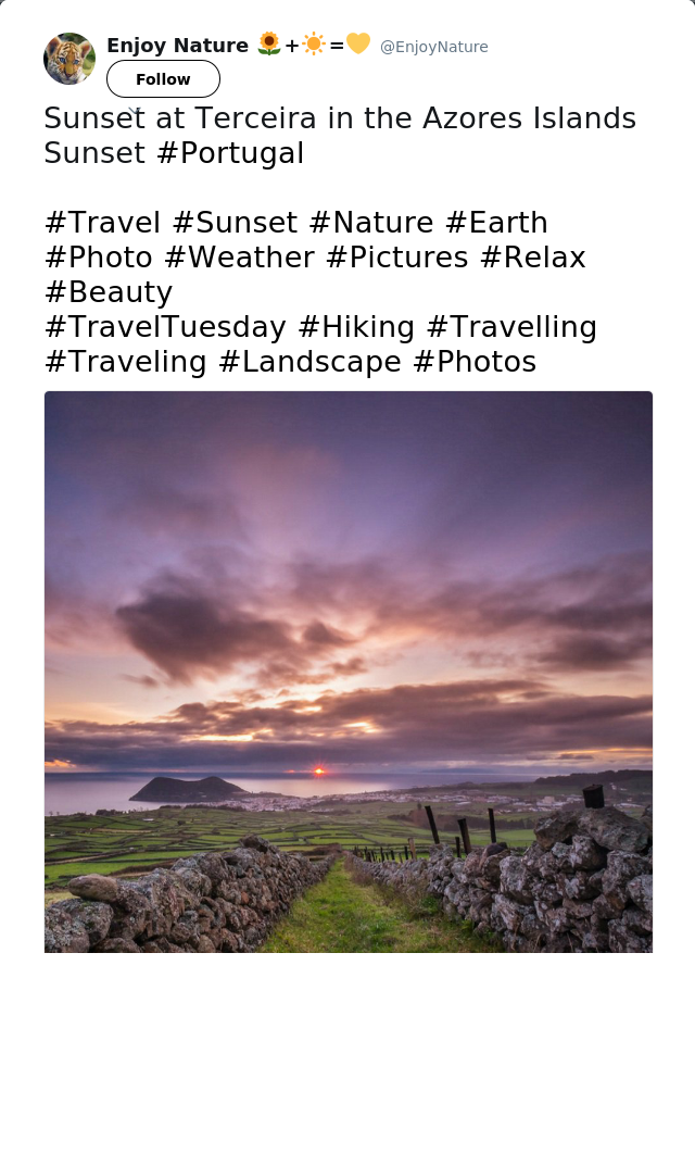 RT @EnjoyNature: Sunset at Terceira in the Azores Islands Sunset #Portugal

#Travel #Sunset #Nature #Earth #Photo #Weather #Pictures #Relax…