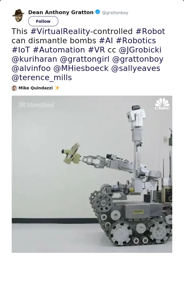 RT @grattonboy: This #VirtualReality-controlled #Robot can dismantle bombs #AI #Robotics #IoT #Automation #VR cc @JGrobicki @kuriharan @gra…
