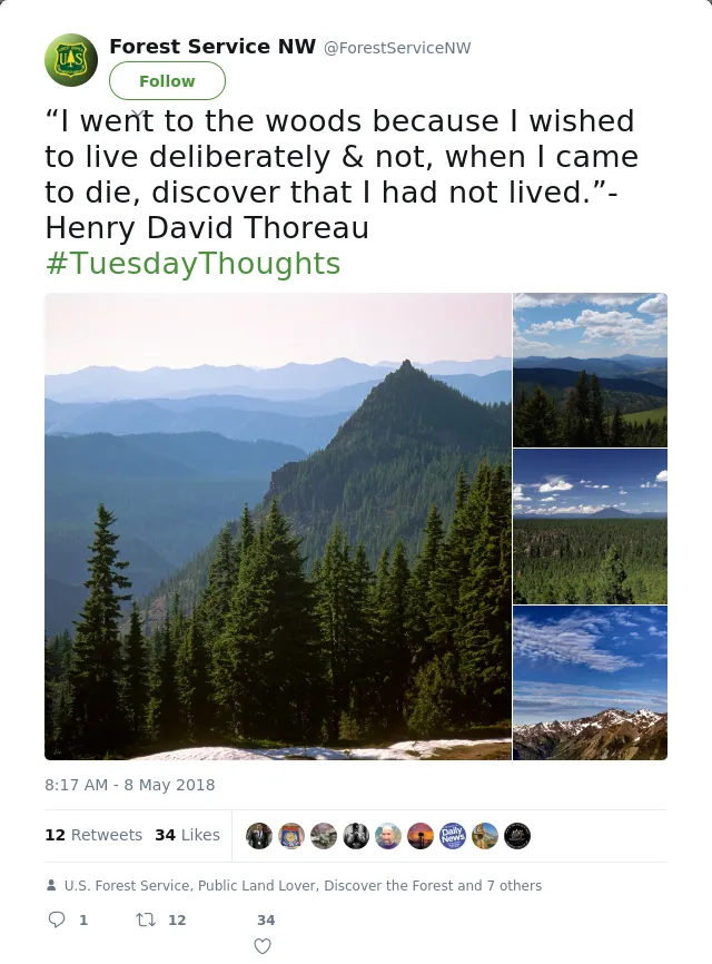 RT @ForestServiceNW: “I went to the woods because I wished to live deliberately &amp; not, when I came to die, discover that I had not lived.”-…