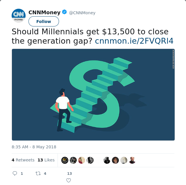 RT @CNNMoney: Should Millennials get $13,500 to close the generation gap?