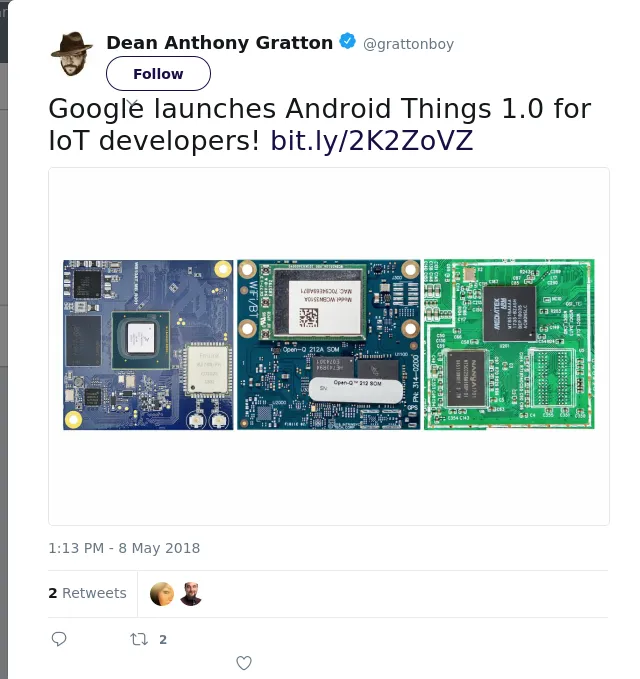 RT @grattonboy: Google launches Android Things 1.0 for IoT developers!