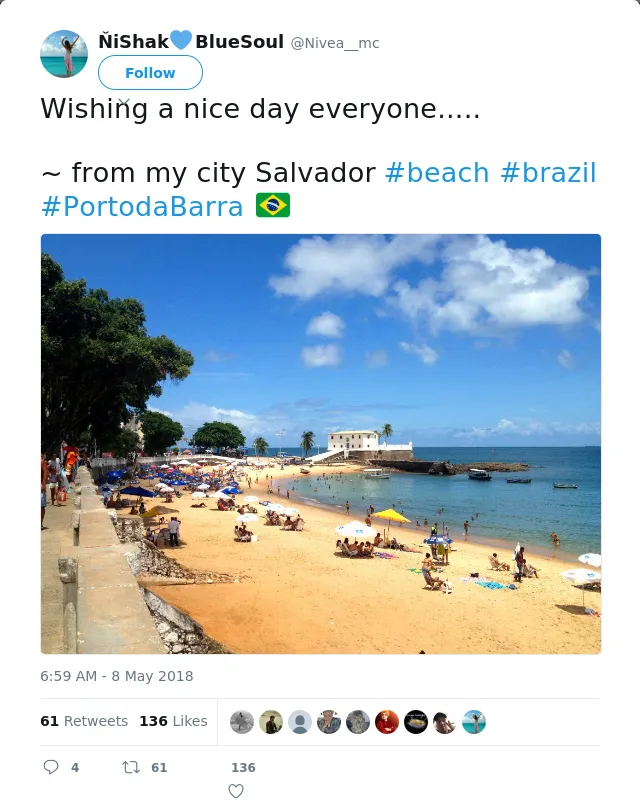 RT @Nivea__mc: Wishing a nice day everyone.....

~ from my city Salvador #beach #brazil #PortodaBarra 🇧🇷