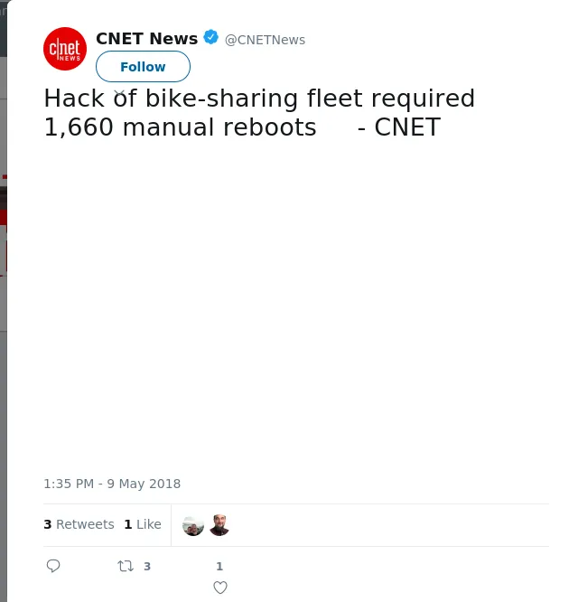 RT @CNETNews: Hack of bike-sharing fleet required 1,660 manual reboots     - CNET