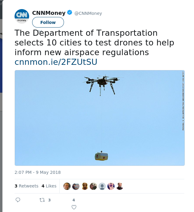 RT @CNNMoney: The Department of Transportation selects 10 cities to test drones to help inform new airspace regulations