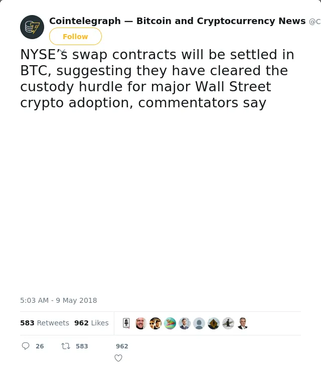 RT @Cointelegraph: NYSE’s swap contracts will be settled in BTC, suggesting they have cleared the custody hurdle for major Wall Street cryp…