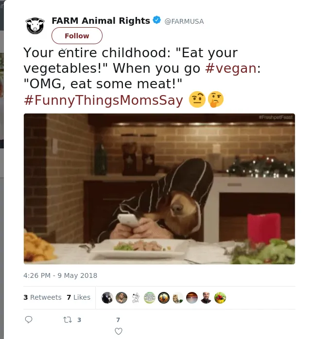 RT @FARMUSA: Your entire childhood: "Eat your vegetables!" When you go #vegan: "OMG, eat some meat!" #FunnyThingsMomsSay 🤨🤔