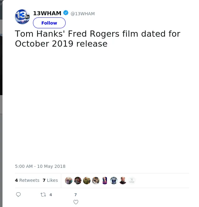 RT @13WHAM: Tom Hanks' Fred Rogers film dated for October 2019 release