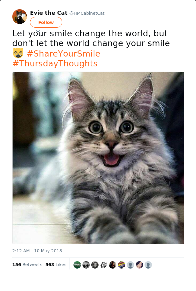 RT @HMCabinetCat: Let your smile change the world, but don't let the world change your smile 😸 #ShareYourSmile
#ThursdayThoughts