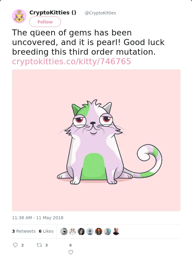 RT @CryptoKitties: The queen of gems has been uncovered, and it is pearl! Good luck breeding this third order mutation.