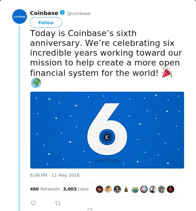RT @coinbase: Today is Coinbase’s sixth anniversary. We’re celebrating six incredible years working toward our mission to help create a mor…