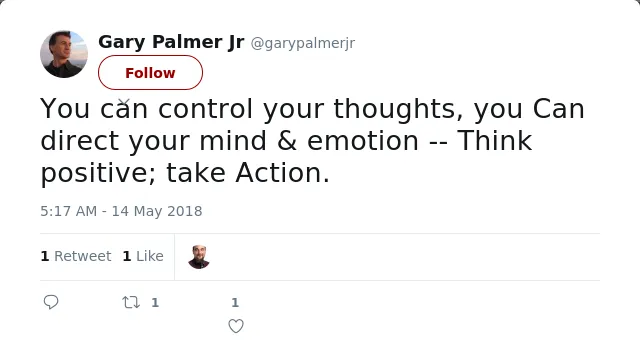 RT @garypalmerjr: You can control your thoughts, you Can direct your mind &amp; emotion -- Think positive; take Action.