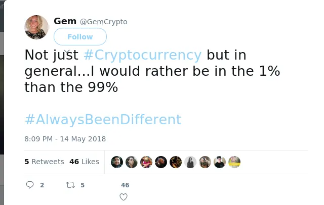 RT @GemCrypto: Not just #Cryptocurrency but in general...I would rather be in the 1% than the 99%

#AlwaysBeenDifferent