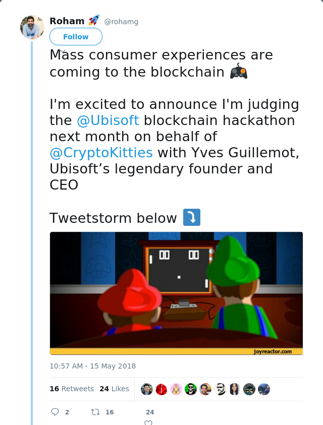 RT @rohamg: Mass consumer experiences are coming to the blockchain 🎮

I'm excited to announce I'm judging the @Ubisoft blockchain hackathon…