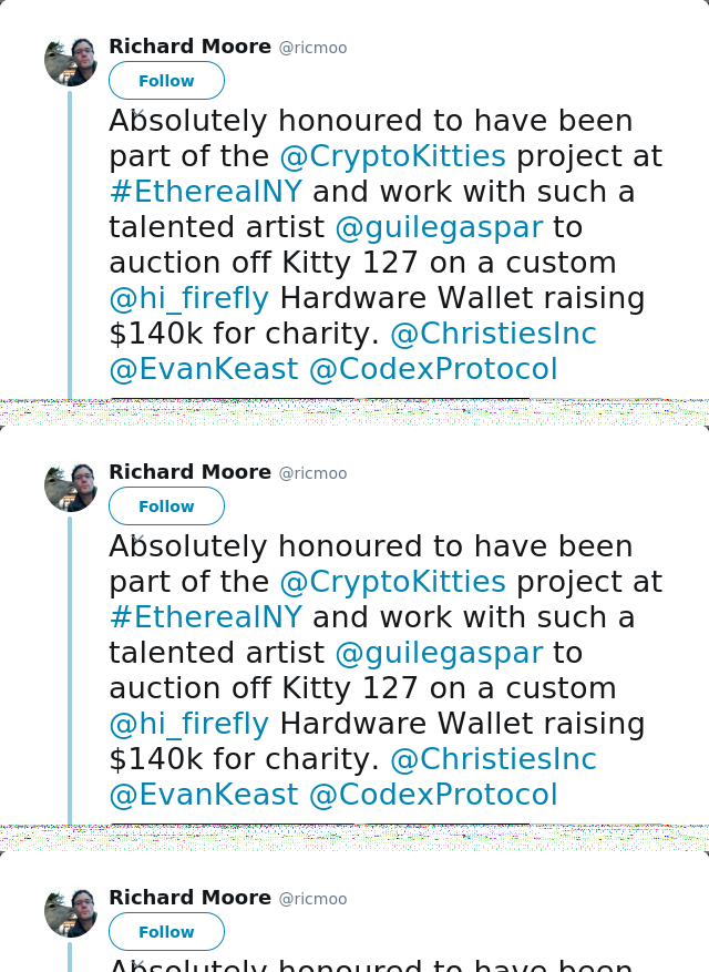 RT @ricmoo: Absolutely honoured to have been part of the @CryptoKitties project at #EtherealNY and work with such a talented artist @guileg…