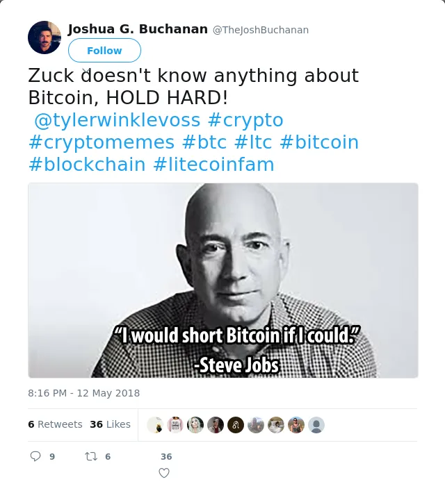 RT @TheJoshBuchanan: Zuck doesn't know anything about Bitcoin, HOLD HARD!
 @tylerwinklevoss #crypto #cryptomemes #btc #ltc #bitcoin #blockc…