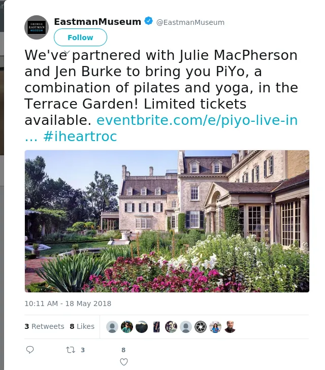 RT @EastmanMuseum: We've partnered with Julie MacPherson and Jen Burke to bring you PiYo, a combination of pilates and yoga, in the Terrace…