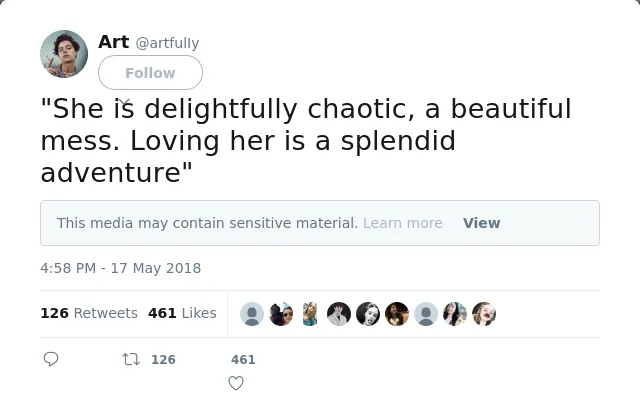 RT @artfulIy: "She is delightfully chaotic, a beautiful mess. Loving her is a splendid adventure"