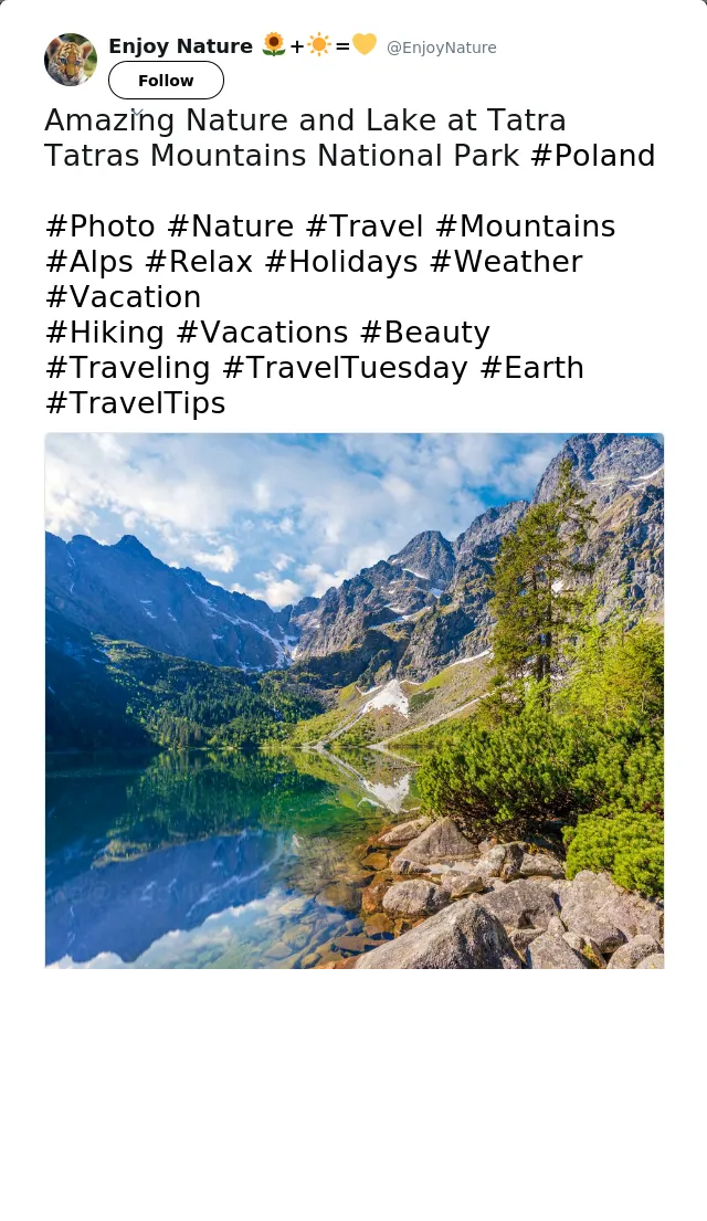 RT @EnjoyNature: Amazing Nature and Lake at Tatra Tatras Mountains National Park #Poland

#Photo #Nature #Travel #Mountains #Alps #Relax #H…
