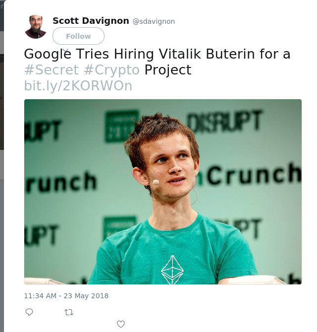 Google Tries Hiring Vitalik Buterin for a #Secret #Crypto Project