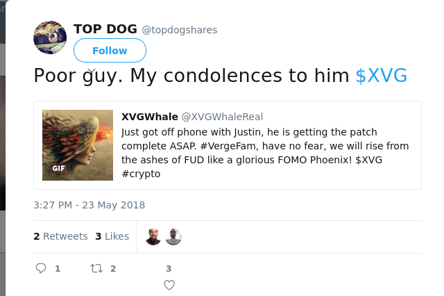RT @topdogshares: Poor guy. My condolences to him $XVG