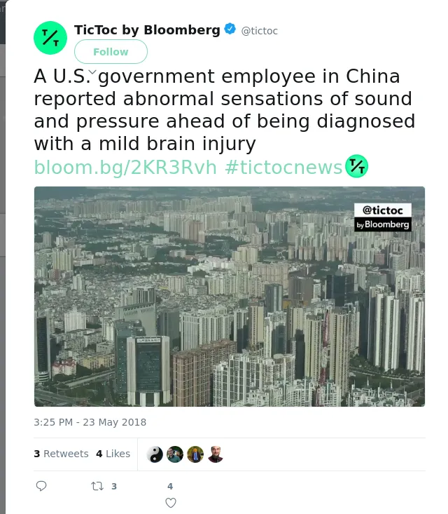 RT @tictoc: A U.S. government employee in China reported abnormal sensations of sound and pressure ahead of being diagnosed with a mild bra…