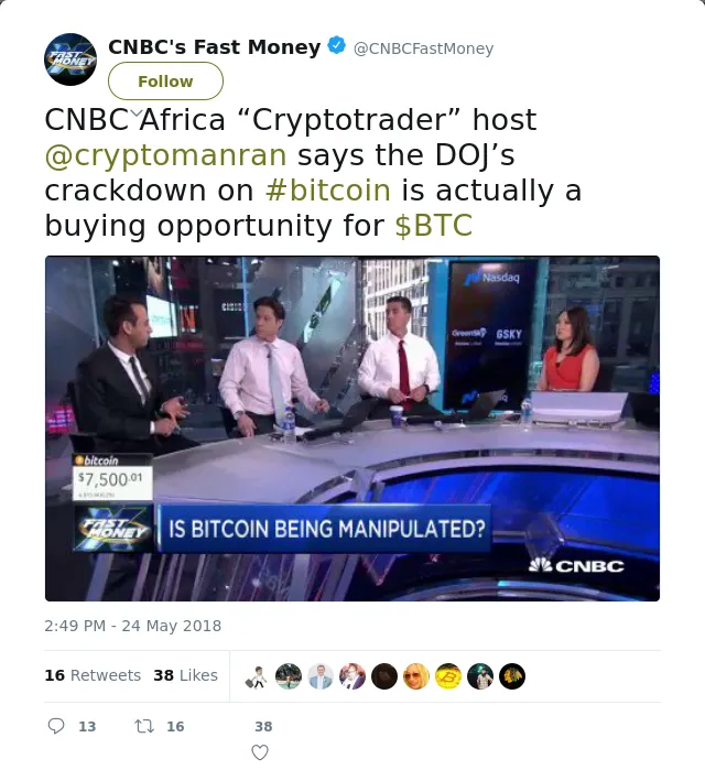RT @CNBCFastMoney: CNBC Africa “Cryptotrader” host @cryptomanran says the DOJ’s crackdown on #bitcoin is actually a buying opportunity for…