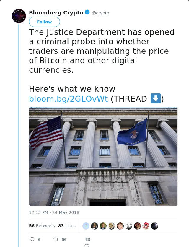 RT @crypto: The Justice Department has opened a criminal probe into whether traders are manipulating the price of Bitcoin and other digital…