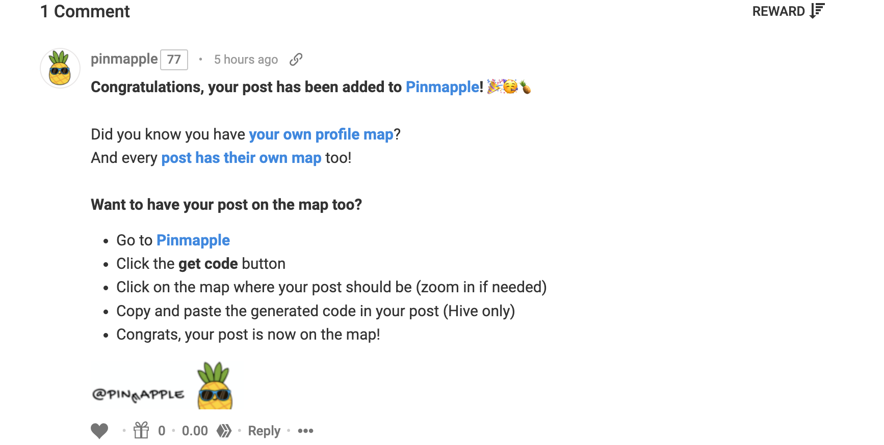 pinmapple confirmation comment