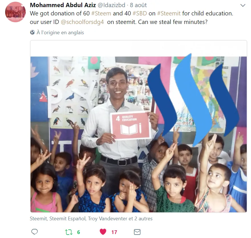 Tweet de @Idazizbd (pseudo Twitter) à propos de son oeuvre de charité