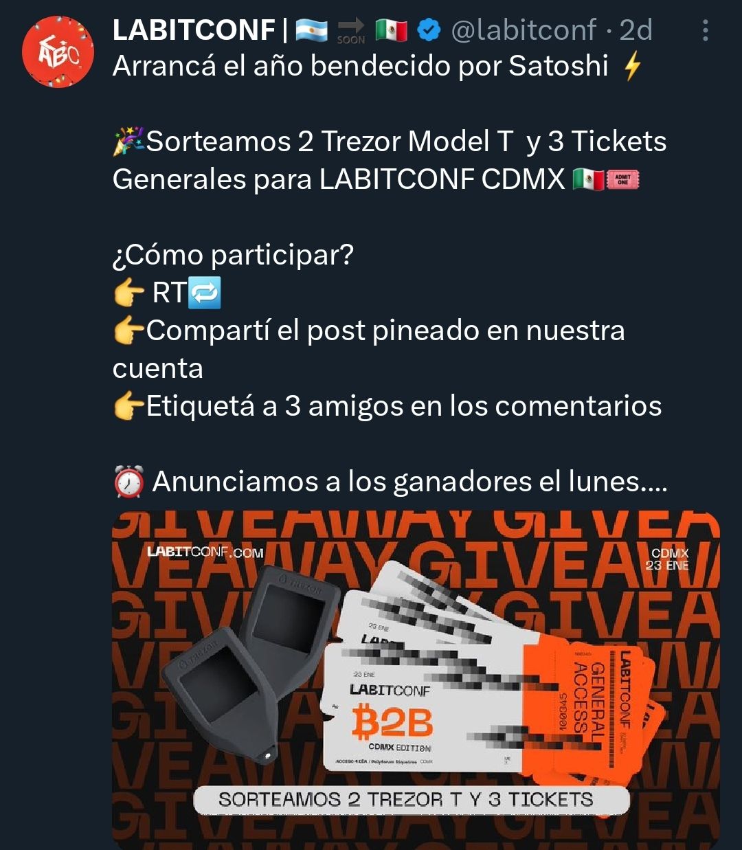 Gana 3 boletos para LABITCONF y 2 Trezor Hardware wallets Model T