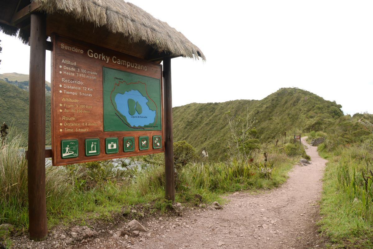 Walking along the crater lake Cuicocha in the Andes mountains, Ecuador