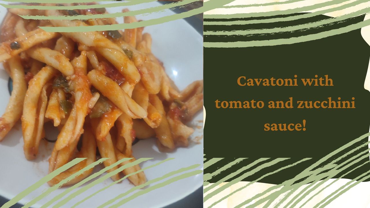 Cavatoni with tomato and zucchini sauce/Cavatoni con salsa de tomate y calabacín. 