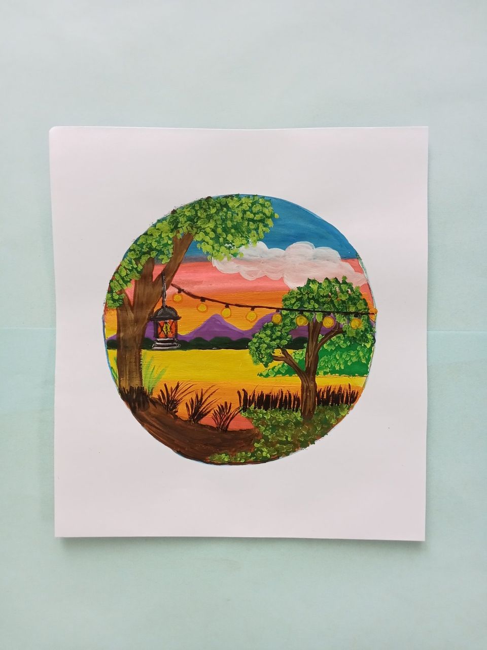 Watercolor Art, Beautiful Nature Landscape with Lantern
