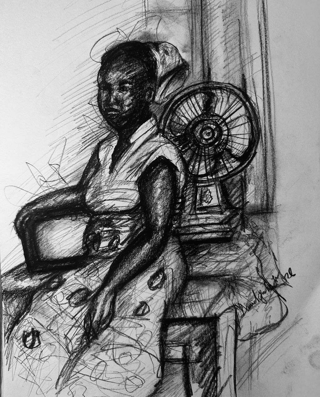 A lady by the fan