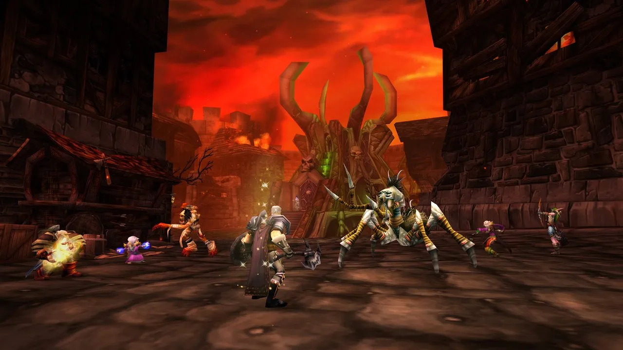 Classic dungeons in WoW, with earthy reds and several players fighting a boss
