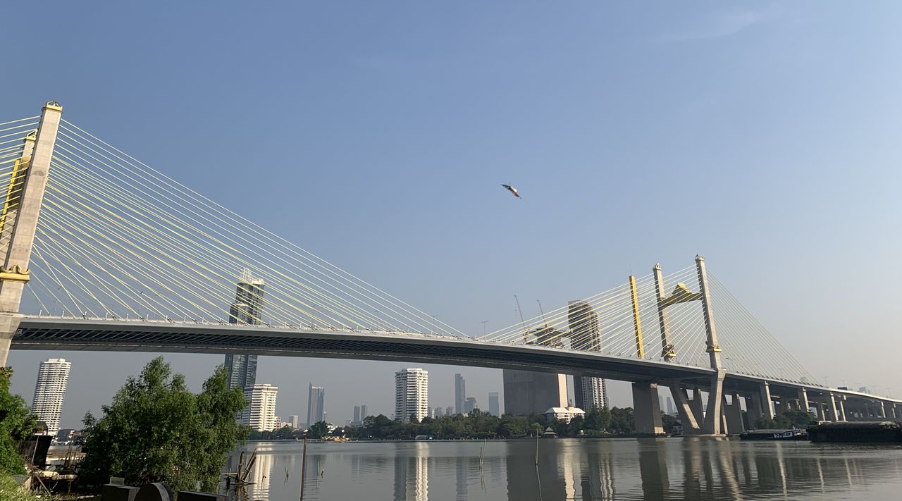 Beautiful Rama IX Bridge with gorgeous sunrise and stunning view of Chao Phraya River